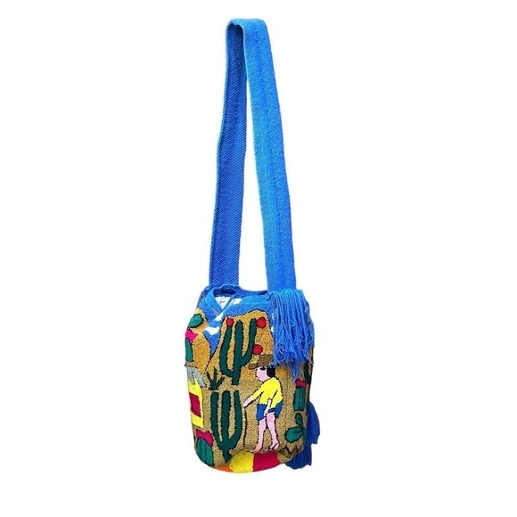 Wayuu tapestry bag Cactus Print Rainbow Fringe Beach Bag Colorful bucket purse - Picture 6 of 16